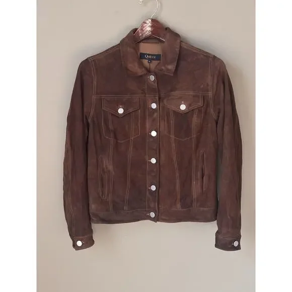 Quince Suede Trucker Jacket Brown Goat Leather Great Patina XS/S READ - Picture 1 of 10
